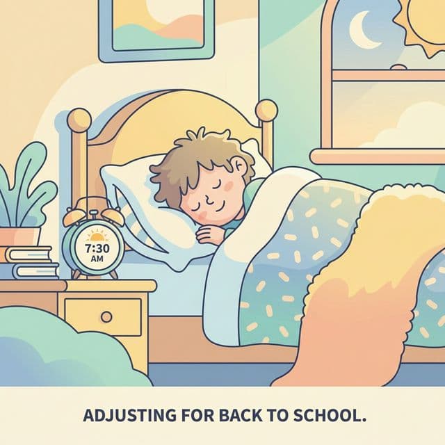 孩子在温暖的床上安然入睡,床边有闹钟